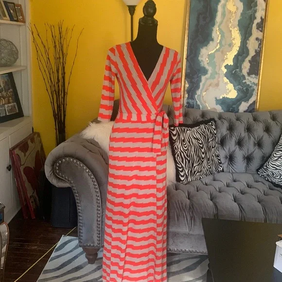 Orange and tan maxi faux wrap dress with v neck - Picture 1 of 6
